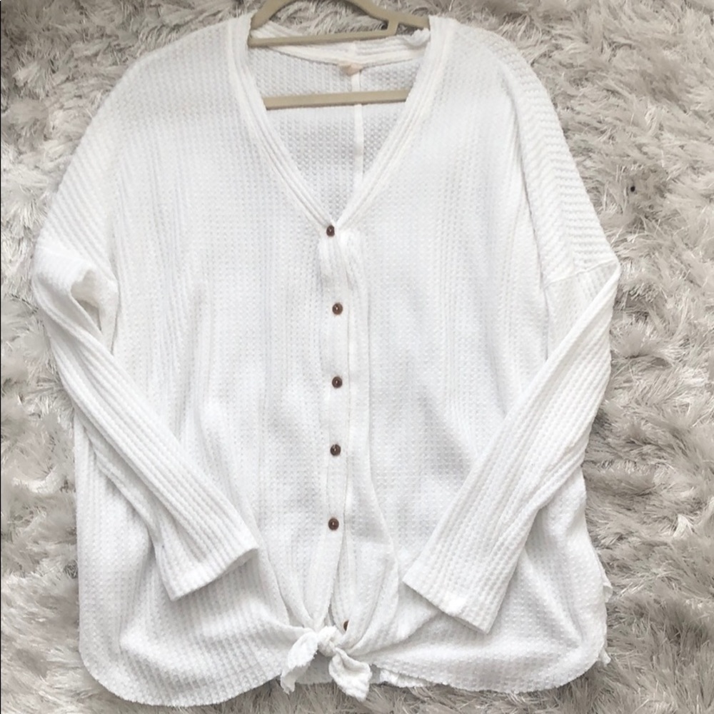 Soft waffle tie front top